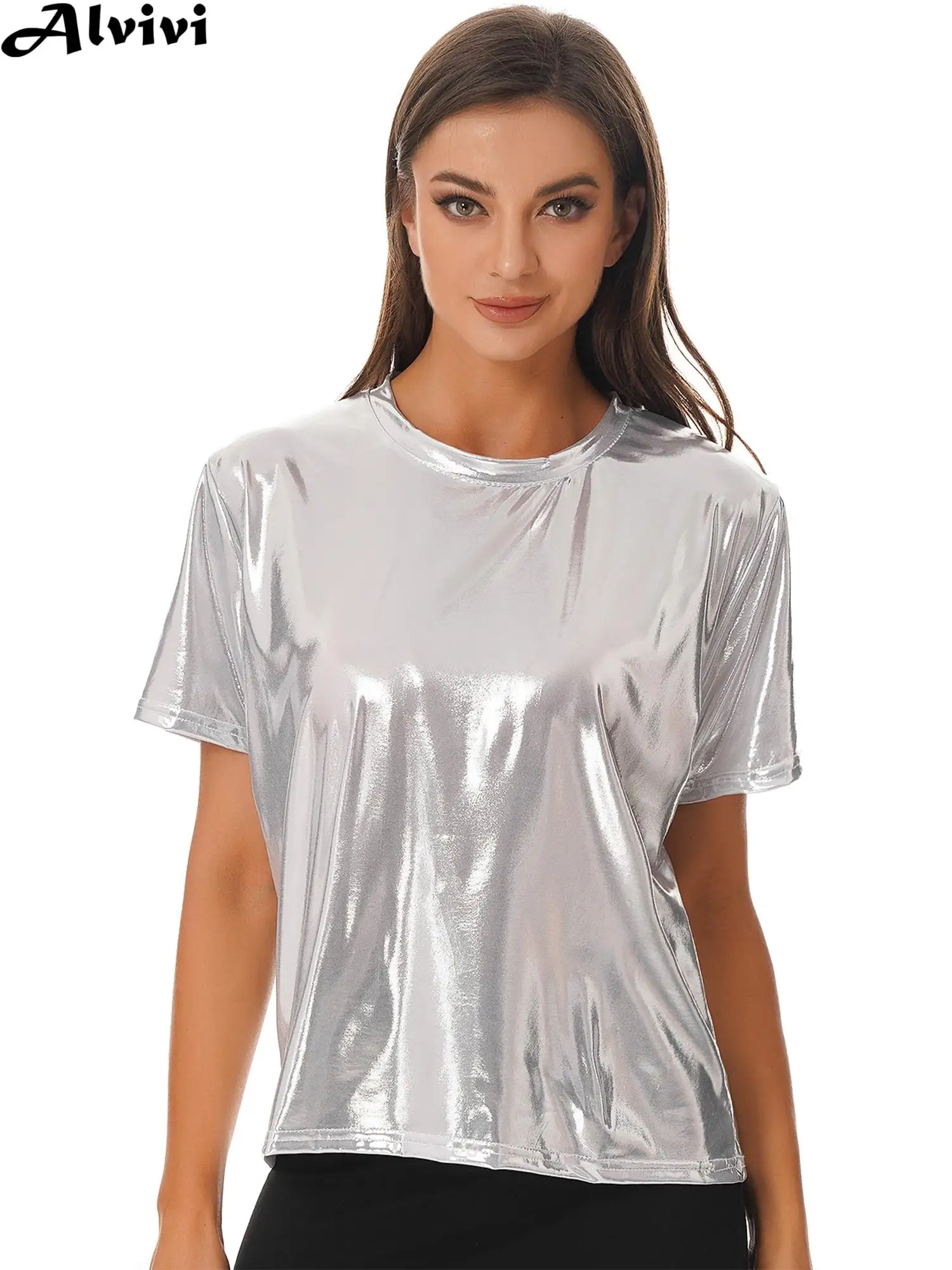 

Women Pole Dance Performance T-shirt Short Sleeve Shiny Metallic Glossy Solid Tops Nightclub Rave Party Music Festival Costume