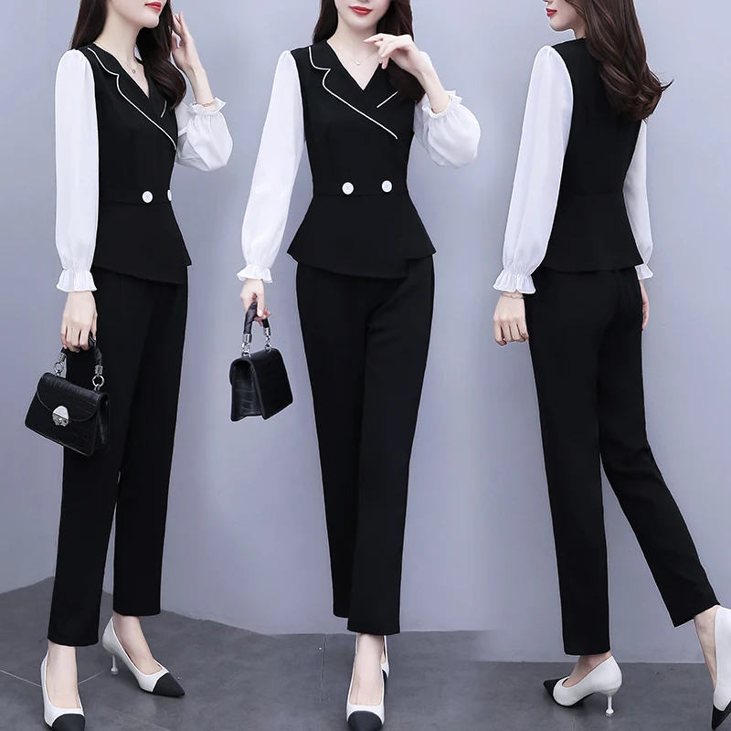 Elegant Patchwork Office Lady Pants Sets For Spring Autumn 2023 New Women Fashion Oversize Turn Collar Slim 2 Pieces Outfits