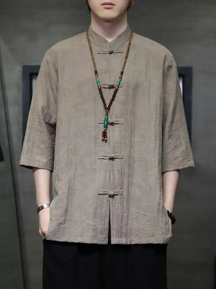 

New Chinese Sle Ice Silk Men's ort Sve irt Button up Top Thin Hanfu Rvation Loose Fit Youth Faion Summer irt