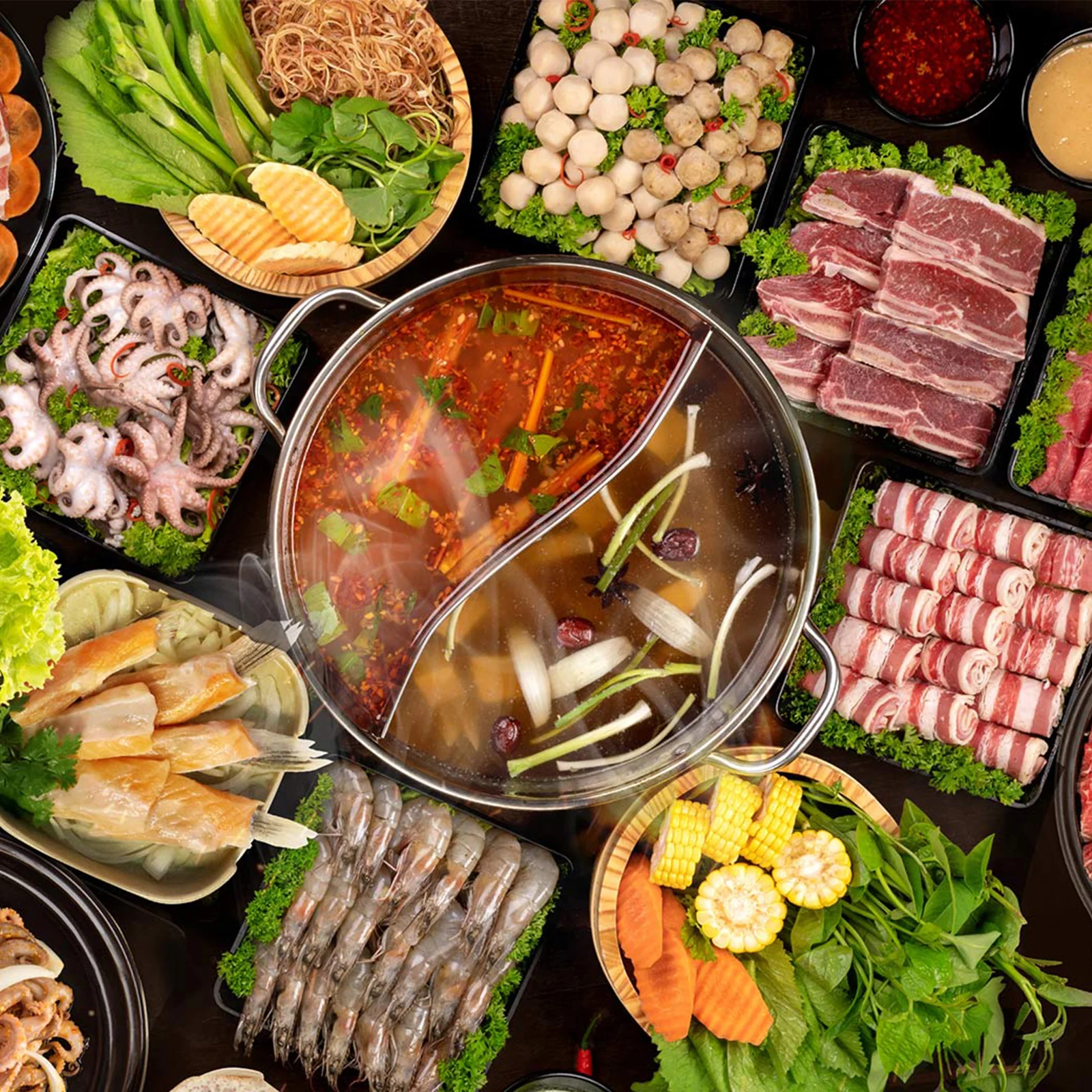 Olla caliente de acero inoxidable con divisor, sartén para cocinar patos dividida de doble cara, Fondue de sopa chino reutilizable para Cocina