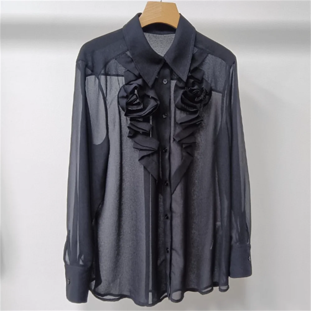 Blouse for Women Black Floral Shirts Fashion Long Sleeve Sexy Female Blusas