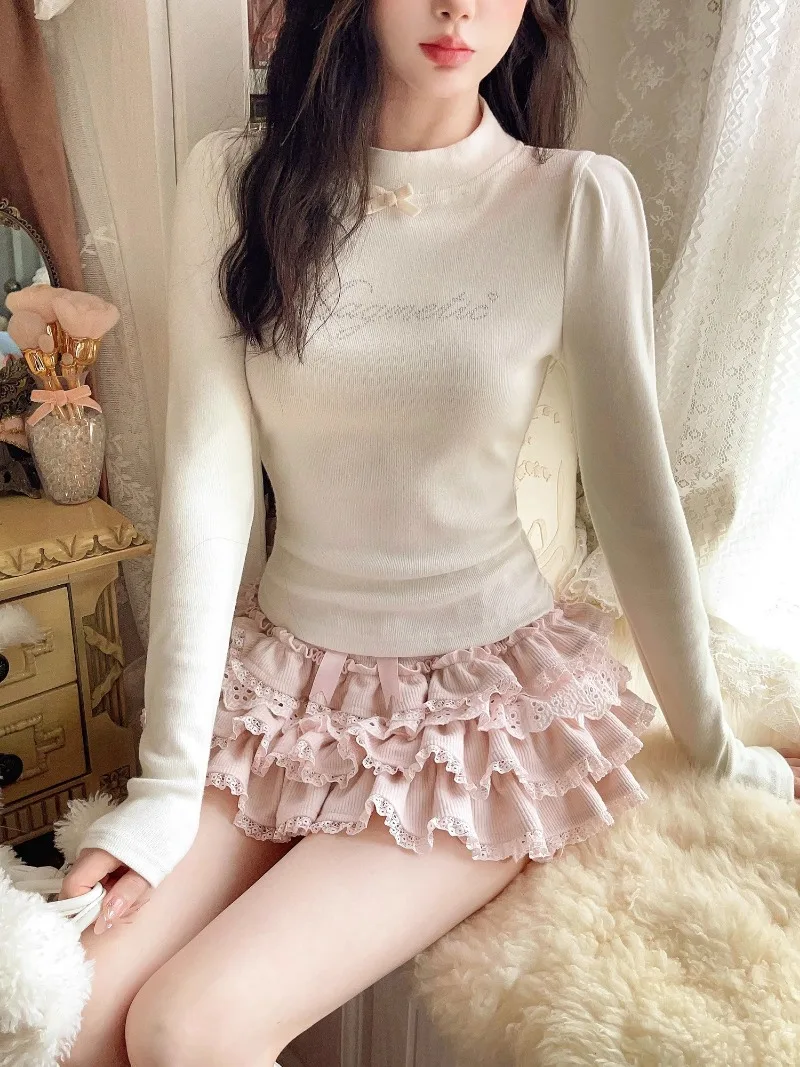 Japanese Sweet Cute Pink T-shirt Long-sleeved Top Sweater Soft Faux Cashmere Diamond Drills Long-sleeved Knitted Bottoming Shirt