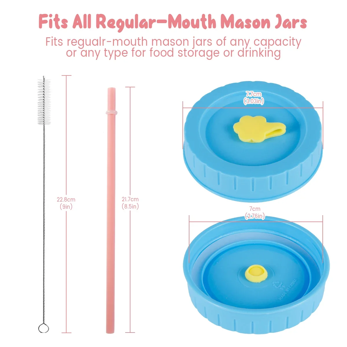 12Pcs Colorful Plastic Mason Jar Lids Set Fit for 70mm Wide Mouth Silicone Canning Jars Lids with Straw Hole Cleaning Brushes