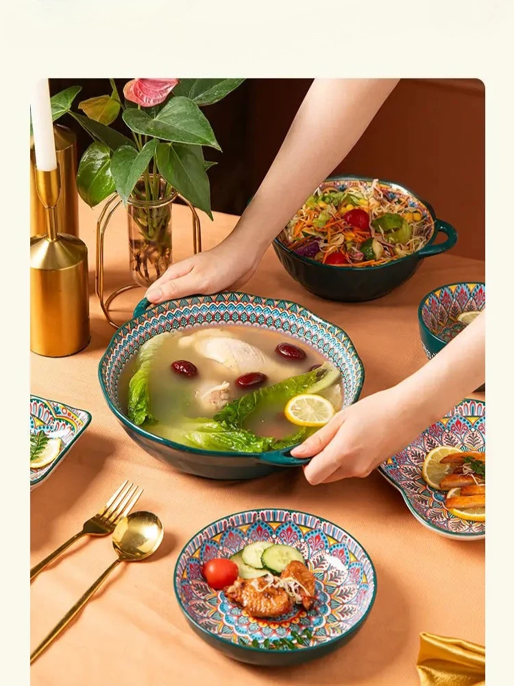 Ceramic Tableware Set Rice Bowl Serving Plate Creative Cutlery Soup Plate Noodle Handle Bowl Sauce Dish Steak Salad Fruit Plate