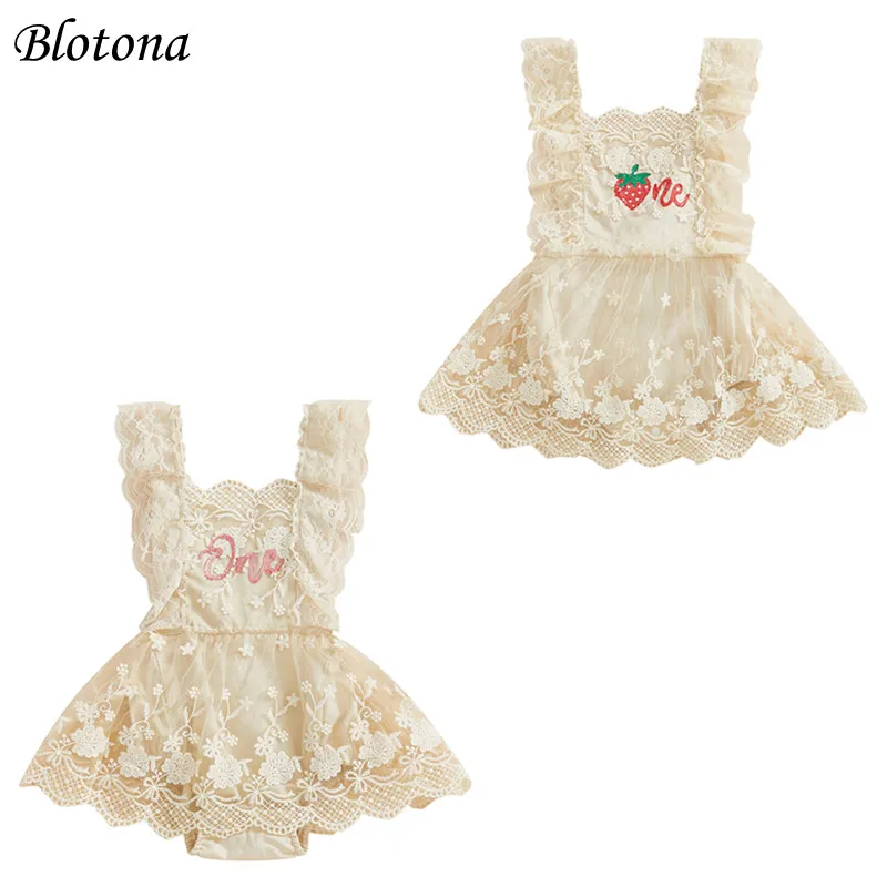 Blotona Baby Girls Summer Romper Dress Square Neck Sleeveless Strawberry/Letter Embroidery Lace Tulle Patchwork Bodysuit