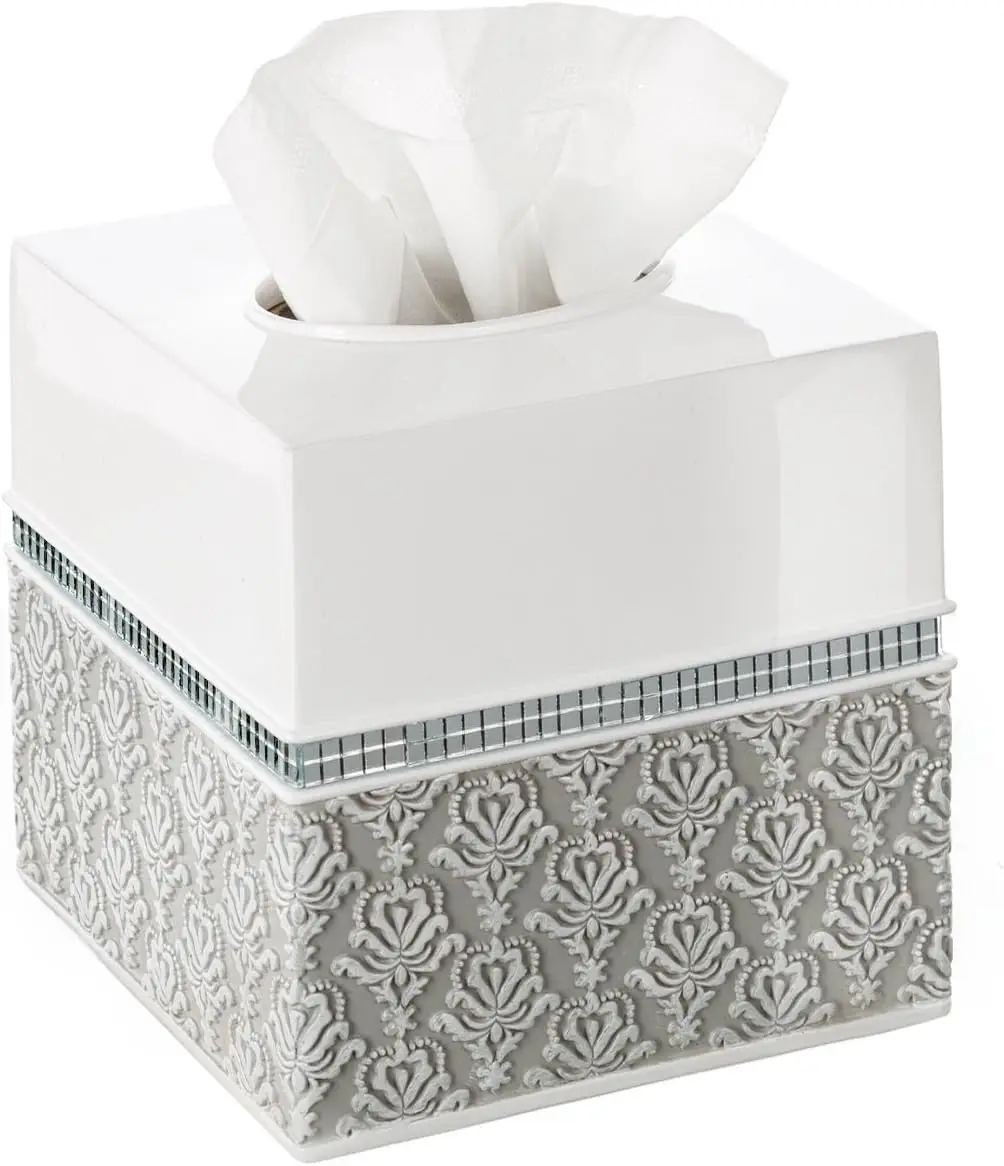 

Elegant Square Tissue Box Cover with Bottom Slider, Modern Bathroom Decor in White & Gray