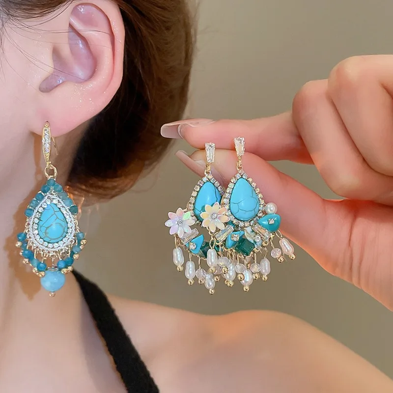 

Minar Ethnic Blue Color Natural Stone CZ Cubic Zirconia Faux Pearl Water Drop Tassel Dangle Earrings for Women Daily Jewelry