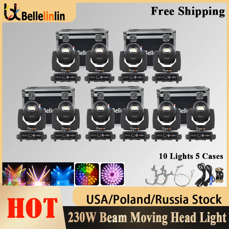 10Pcs Lyre Beam 230W 7R movendo a luz principal com 2em1 Flight Case Beam 7r Sharpy Beam 230 Stage DJ Disco Led Lights Show