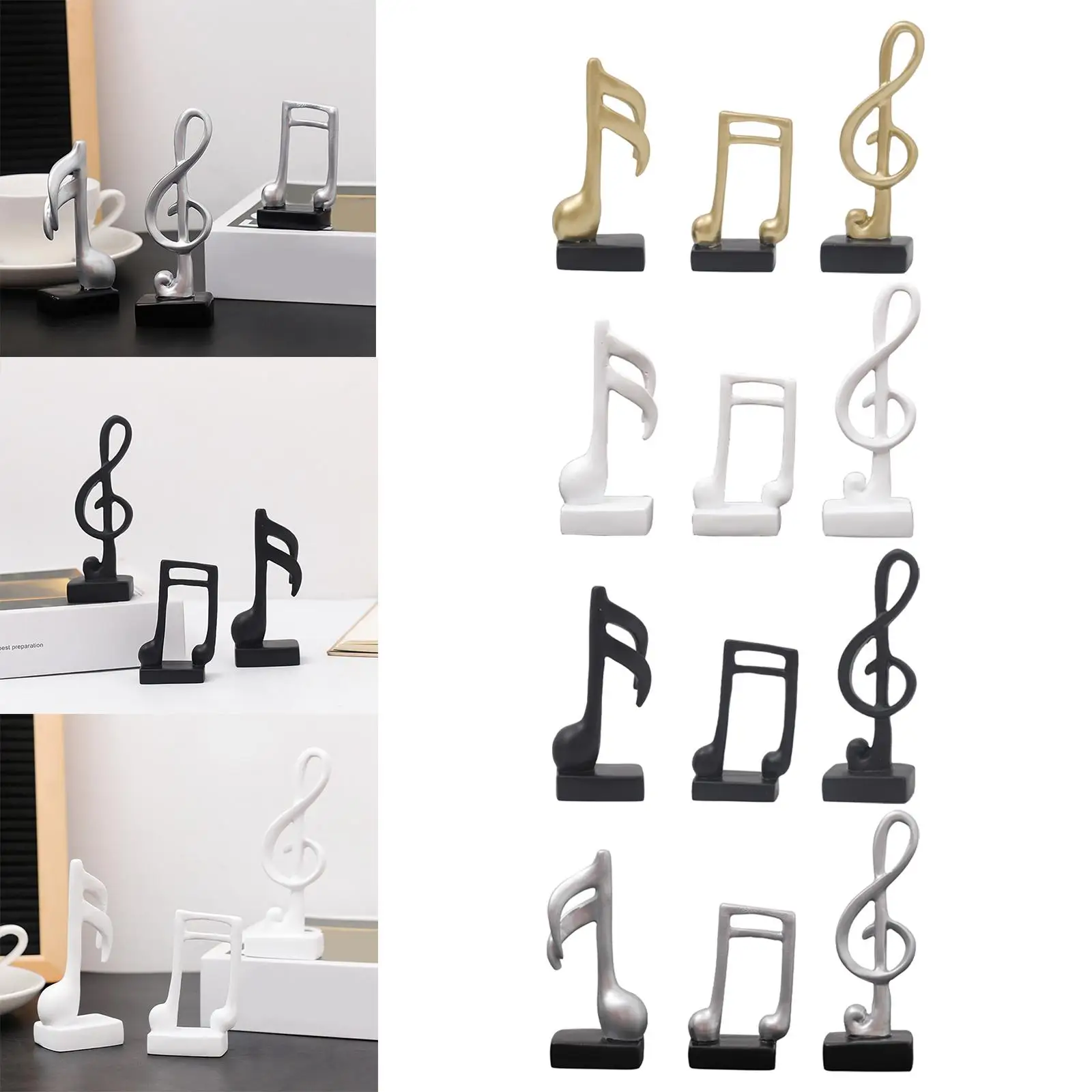 3-teiliges nordisches Musiksymbol, Ornament, Kunsthandwerk, Statuette, Kunstharz, Musiknoten, Statuen für den Schreibtisch, Bücherregal, Schrank, Heimdekoration
