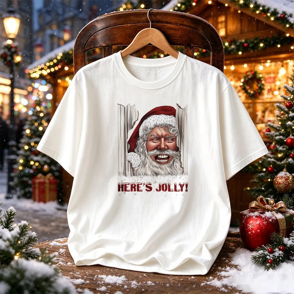Men Funny Santa Claus Breaking Through Window HERE'S JOLLY Printed T-Shirt 100 Pure Cotton Short Sleeve Casual Tee Gift for Dad