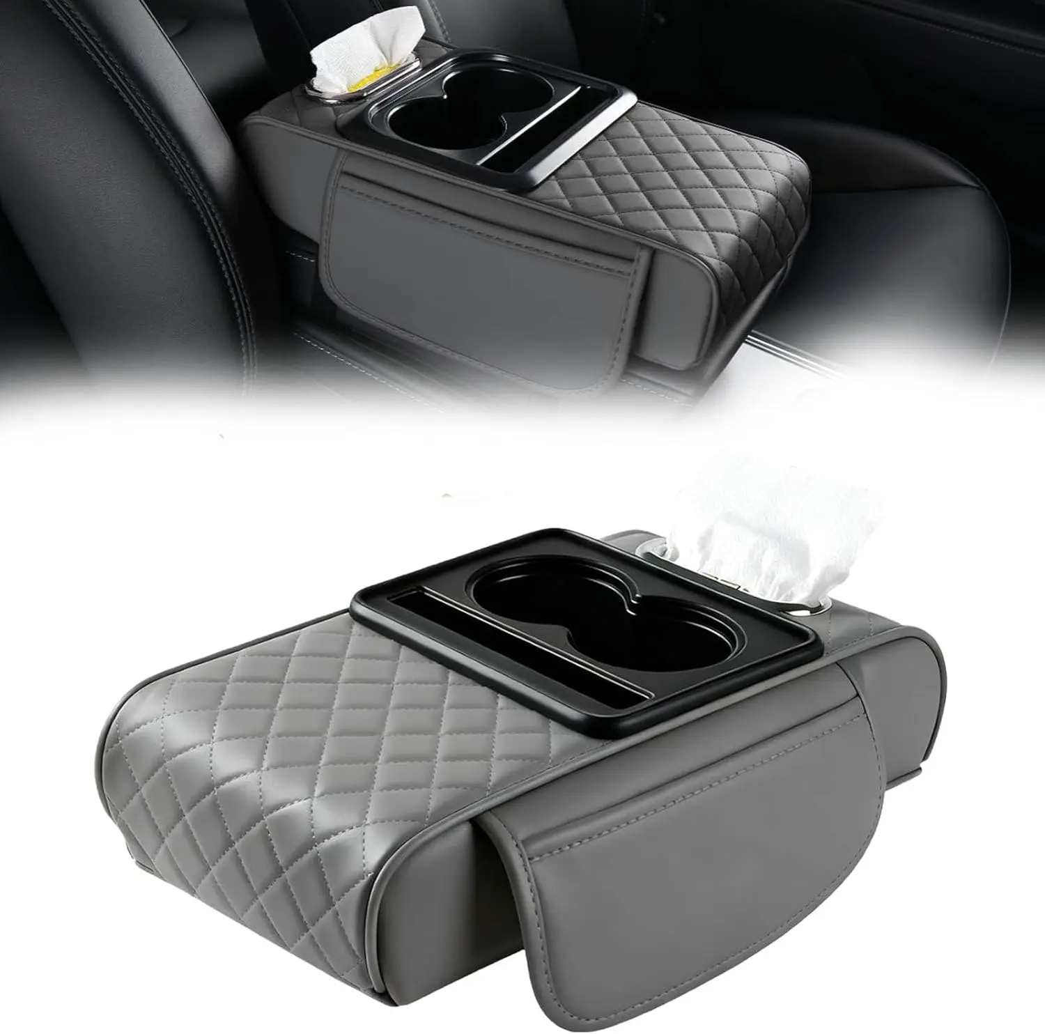 5 in 1 Multifunctional Car Armrest Box Height Pad Center Armrest Box Pad Tissue Box Storage Bag Cup Holder for Most SUV Sedans