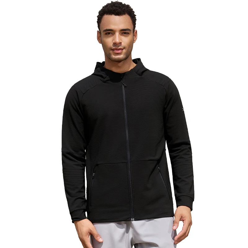 Men Gym Jacket Patchwork Running Training Jogger Zipper Pockets Long Sleeve Hooded Outdoor Breathable Sport Hiking Climbing Coat