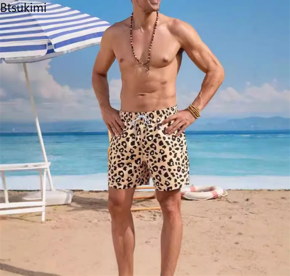 Summer Leopard Print Beach Shorts for Men Loose Casual Pocket Drawstring Beach Sport Pants Men Quick-Drying Washable Swim Briefs