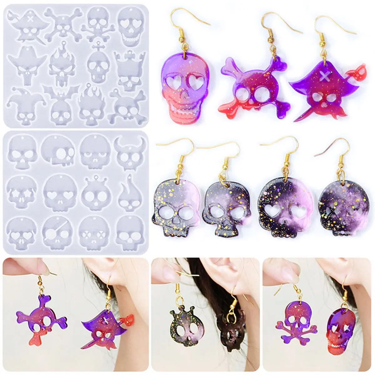 

Durable Resin Casting Mold DIY Skull Skeleton Pendant Decoration Handicrafts Dangle Earrings Making Tool Halloween Gift