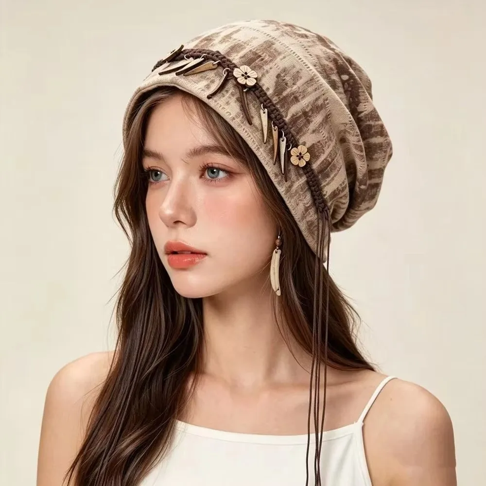Ethnic Tie-diy Slouchy Beanie Hat Autumn Winter Boho Style Cold Cap Tassel Fringe Artistic Skull Cap Wrap Headwear