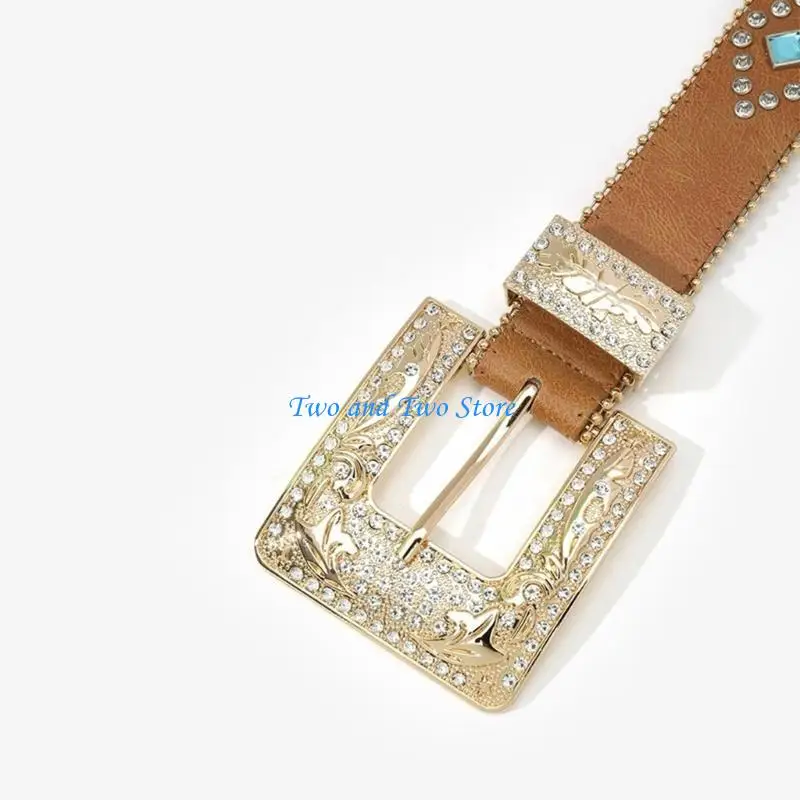 HX6F Mode Ruit Klinknagel Riem voor Meisje Gesp Riem Tailleband PU Lederen Riem Kralen Trim Vrouwen Esthetische Riem