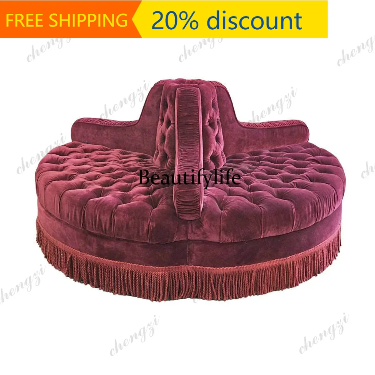 132 Light luxury velvet circular buckle sofa, retro tassel designer style circular conversation chair, hotel beauty salon sofa