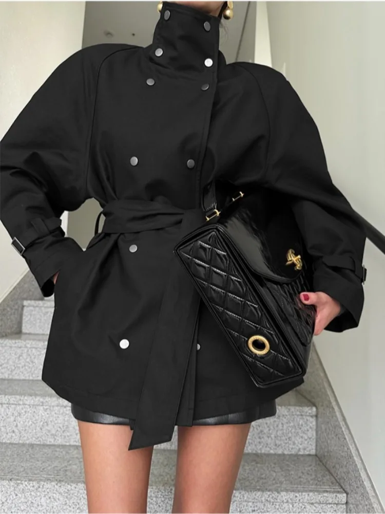 

Женское пальто Ele Bla Long Sve Windbreaker с поясом-стойкой на талии и воротником-стойкой, дизайн с двойной пуговицей, эффект похудения