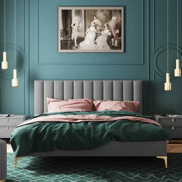 

l # Luxury European and American style furniture bedroom modern double leather wood bed