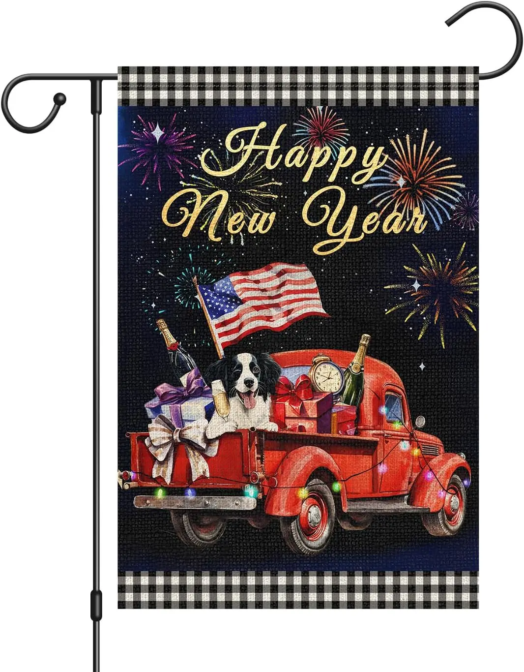 Louise Maelys Happy New Year Garden Flag 12x18 Double Sided Vertical, Burlap Small Truck with Dog Welcome New Year Eve Yard Flag