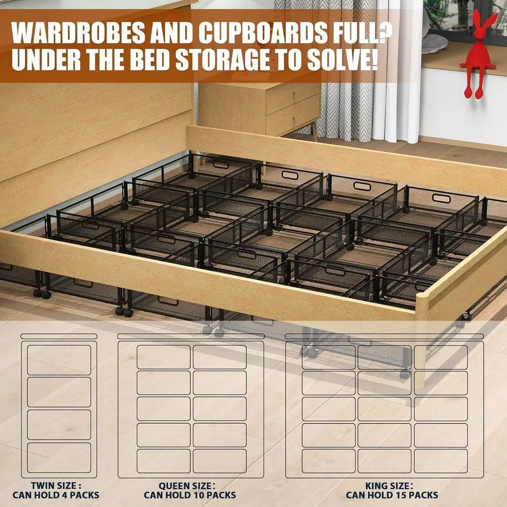 عبوة من صناديق تخزين تحت السرير قابلة للطي مع أغطية وعجلات ومقابض للأحذية والملابس والألعاب - أسود