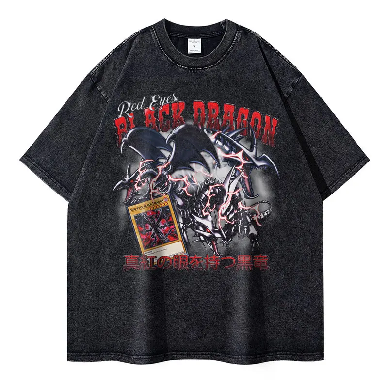 Anime Yu Gi Oh T Shirts Oversized Vintage Washed Red Eyes Black Dragon T-shirt Streetwear Retro Manga Short Sleeve Tops Tees