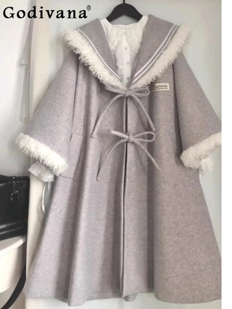 

Christmas Temperament Warm Sweet Navy Collar Loose Gray Woolen Coat Women Winter Long Fashion Versatile Lace-up Sweet Korean Top
