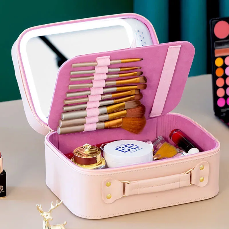 New Smart LED Makeup bag With Mirror Waterproof PU Leather Travel Cosmetic Case For Women