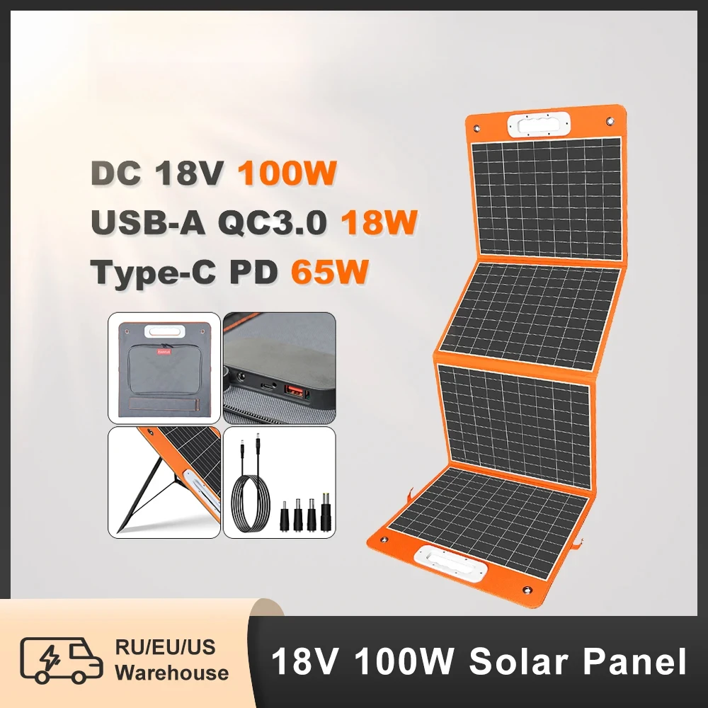 

18V 100W Foldable Solar Panel, Portable Solar Charger with DC Output, PD Type-C & QC3.0 for Phones, Tablets, Camping & RV Trips