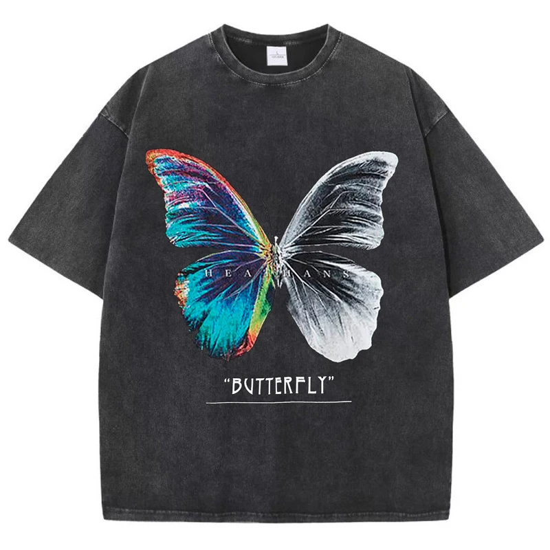 Women'S Cotton Washed T-Shirts All-Math Loose O-Neck Tees Butterfly Half Color Half Black And White Print Tops Summer Clothes