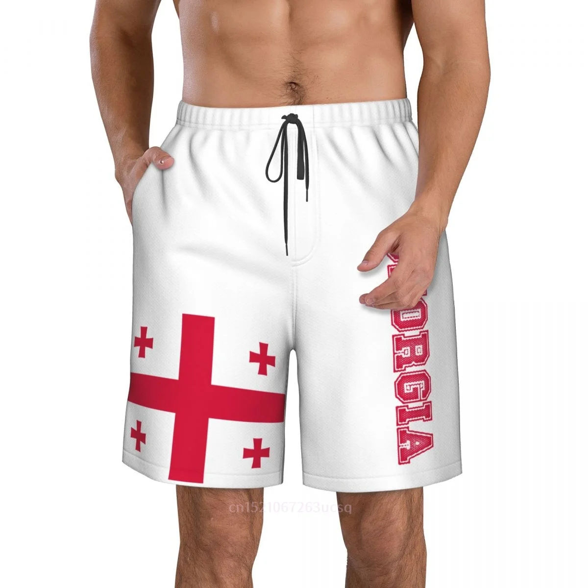 2023 Summer Polyester Georgia Country Flag 3D Printed Men\'s Board Shorts Beach Pocket Running Summer Pants