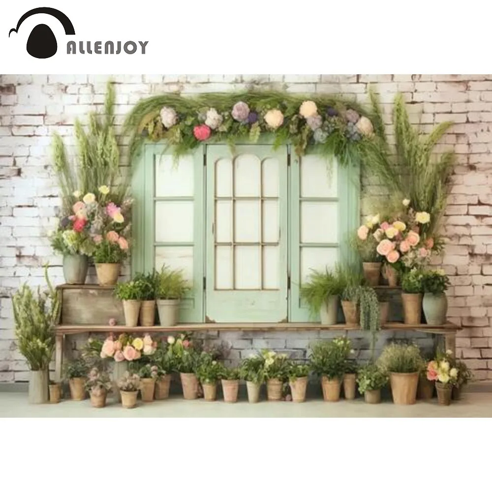 

Allenjoy Spring Greenwood Florist Window Photography Backdrop Boho Greenhouse Photo Booth Background