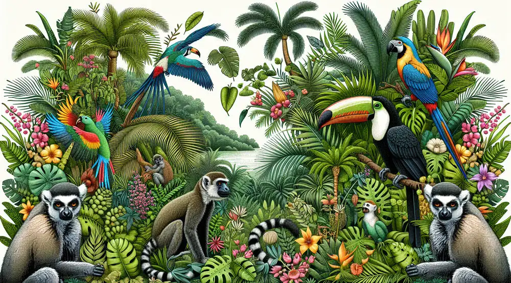 Custom sized mural 3D printed parrot wallpaper featuring toucans, monkeys, and parrots in tropical jungles