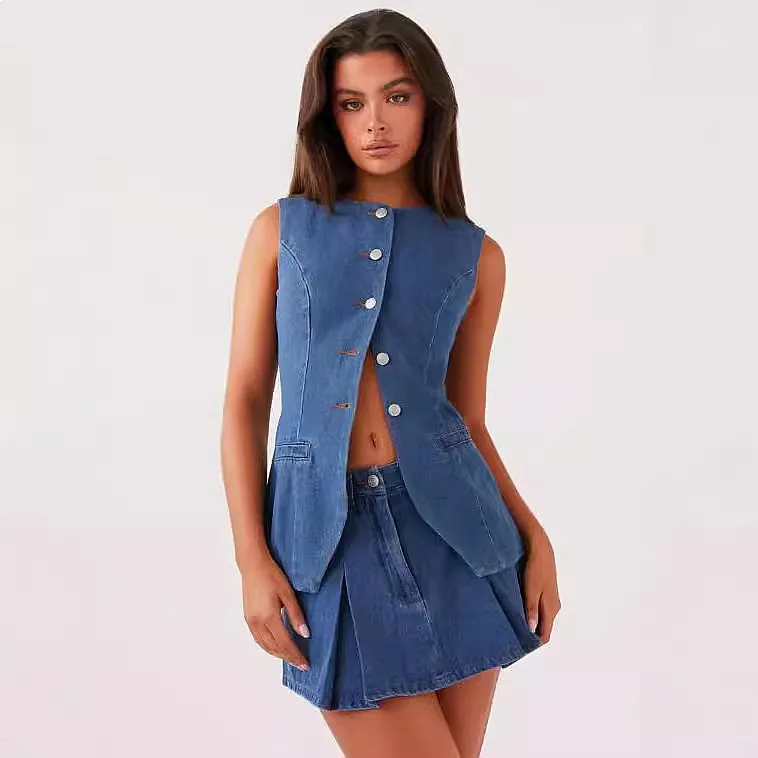 

Summer Casual Sleeveless High Waist Women's Matching Set Denim Skirt Jumpsuit Playsuit