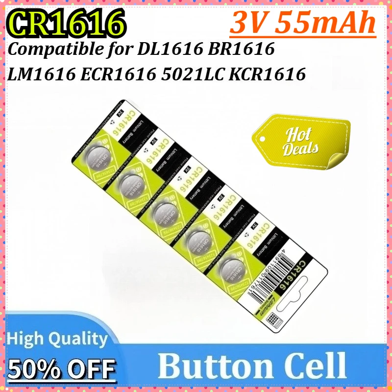 

3V 55mAh CR1616 Button Battery DL1616 LM1616 BR1616 ECR1616 5021LC KCR1616 CR1616-1W High Capacity for Watch Remotes Car Keys