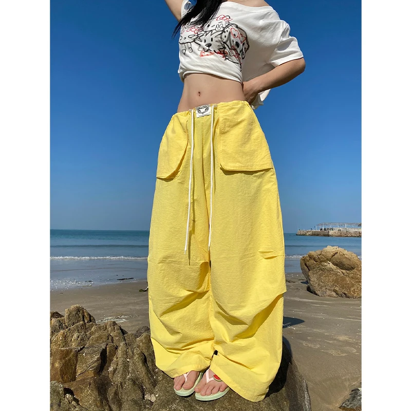 2026 Thin High Waist Straight Ribbon Loose Mop Wide Leg Pants American Trend Retro Quick-drying Tooling Casual Pants Women