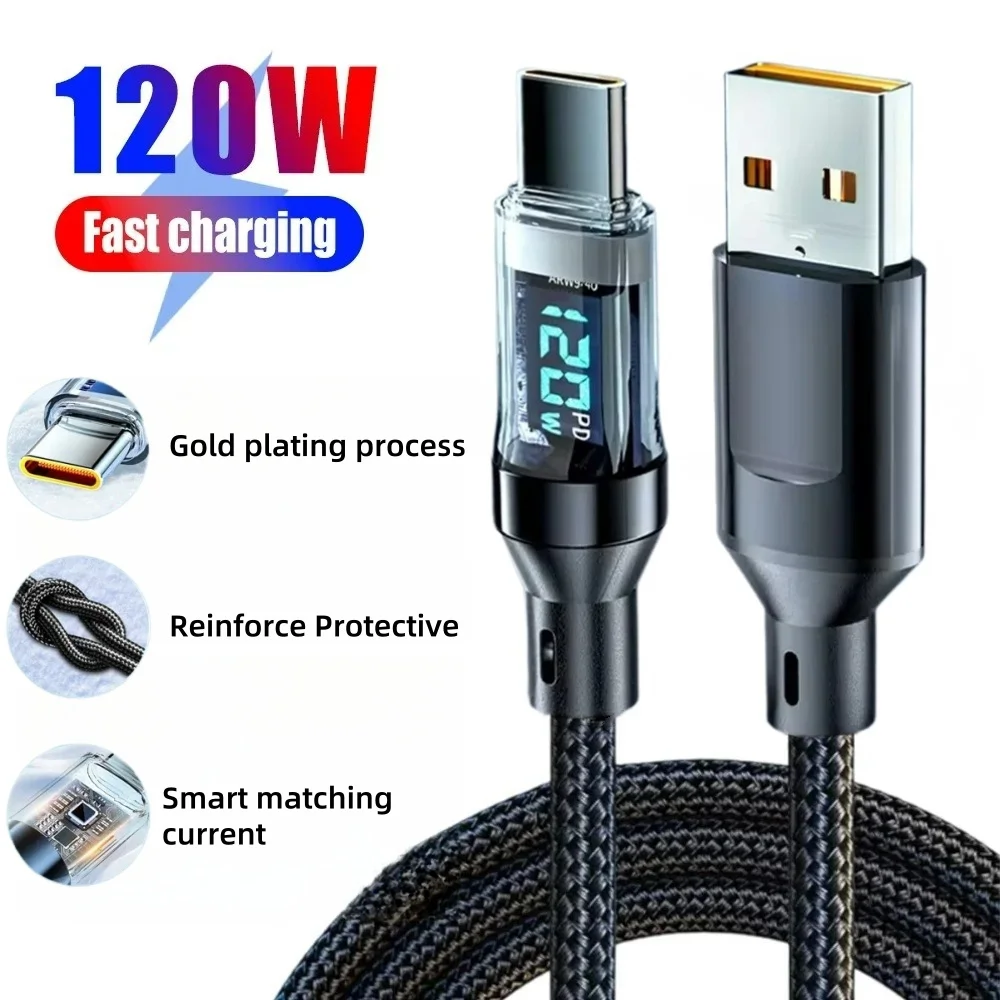 120W PD Super Fast Charging Cable Real-time Digital Display USB A To Type C Data Line Cord for IPhone Android Phones Universal