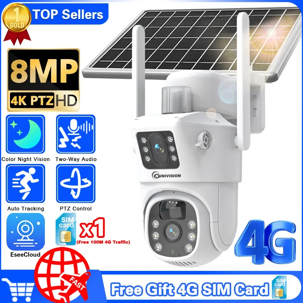 

4K 8MP 4G Sim Card Battery Camera PIR Motion Cam Auto Tracking 2-Way Audio Outdoor Security Cameras with Solar Panel Free SIM Ca