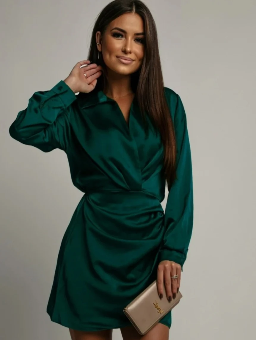 فستان قميص ساتان متطور، فستان قصير أنيق مع ياقة بأكمام طويلة