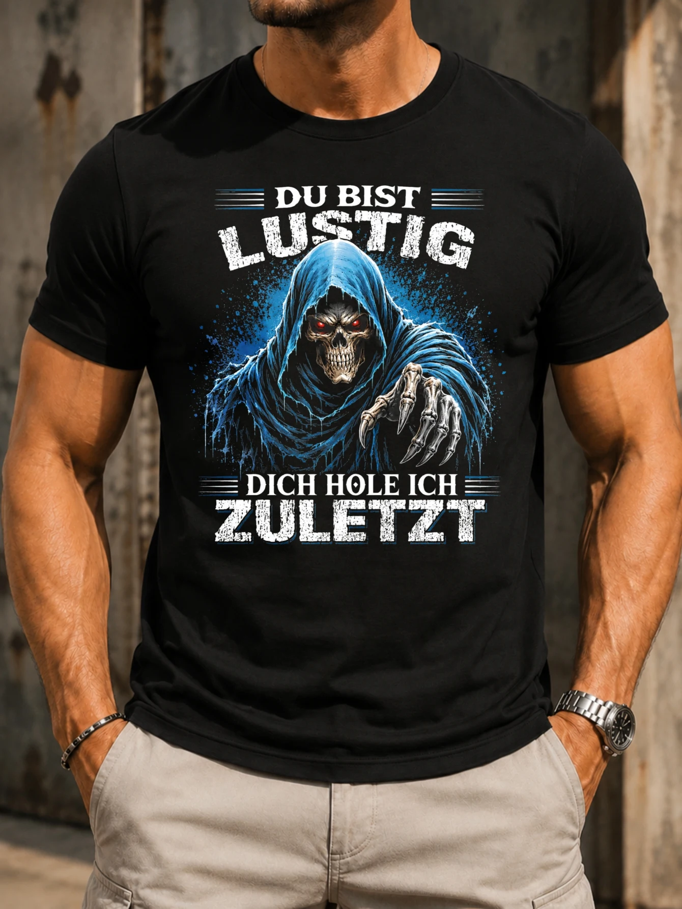 Du Bist Lustig blue hooded reaper  with red eyes and reaching claw distressed German dark humor  Unisex All T-Shirt