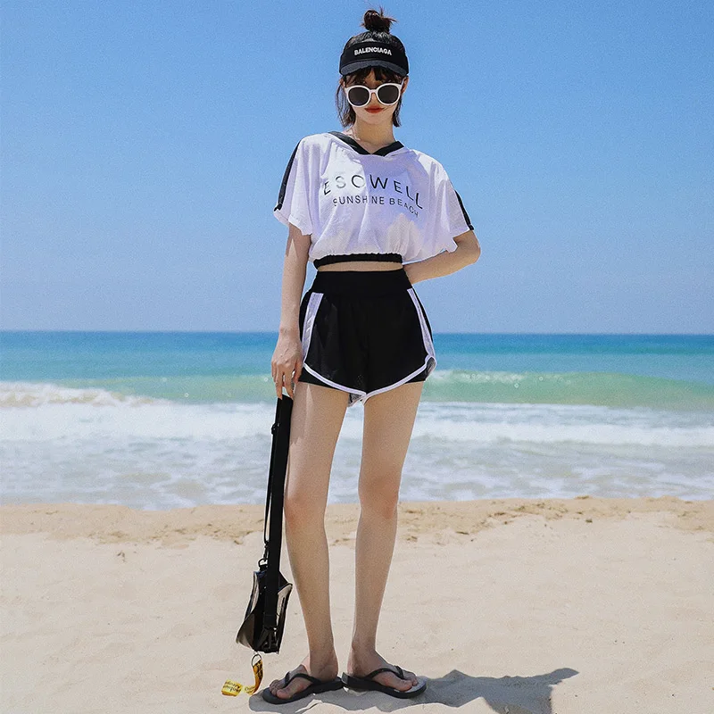 Women 3 Pieces Bikini Set Swimsuit Short Sleeve With Hat Cover Up Push Up Swimwear Bathing Suit High Waist Sports Shorts