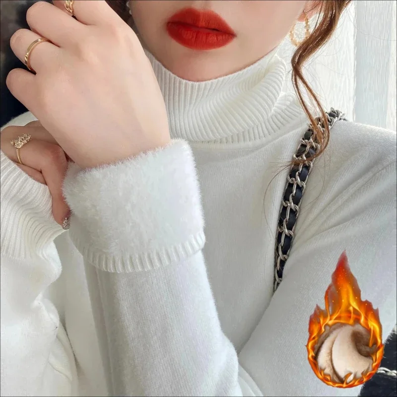 

2025 Women Elegant Thicken Velvet Lined Warm Sueter Knitted Pullover Turtleneck Winter Sweater Slim Jersey Knitted Jumper Tops