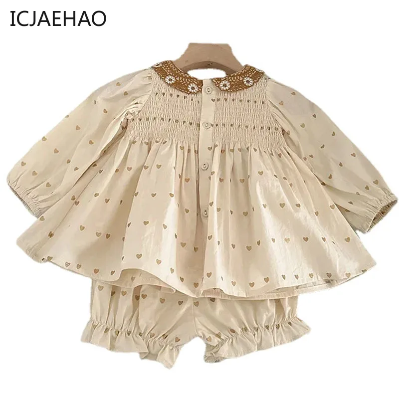 Girls Vintage Set for Kids Boutique Embroidery Baby-doll Print Clothes Smocked Blouse + Bloomers Child Outfit Spring Autumn