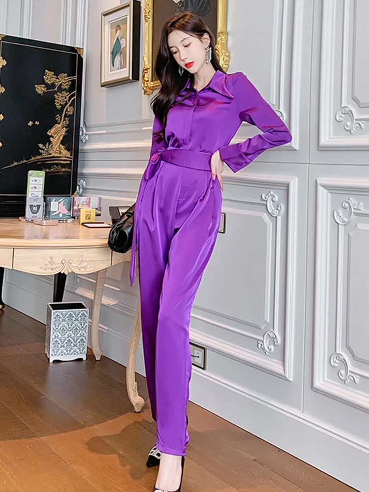 

Модные элегантные комплекты из 2 предметов, женские профессиональные винтажные фиолетовые рубашки, топы, блузка, длинные брюки, одежда в рабочем стиле, осень
