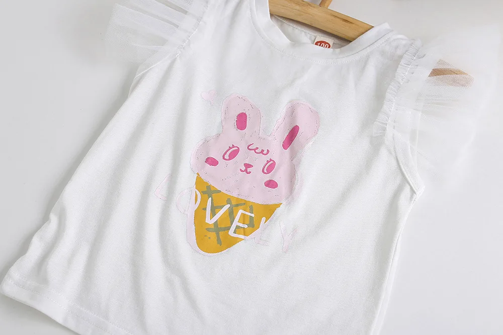 2024 summer Kids girls cartoon rabbit Bunny Cute T-shirt +  denim shorts 2pcs clothing sets Clothes suits  baby girls