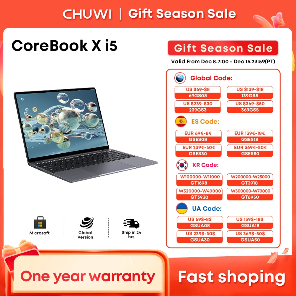 CHUWI CoreBook X Laptop Intel i5-12450H 16GB DDR4 512GB SSD 14 inch FHD 2160 * 1440 Windows 11 Gaming NoteBook 1TB SSD Expand