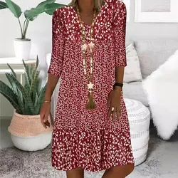 Women Vintage Floral Print Loose A-Line Dress Summer V-neck Petal Short Sleeve Dress Elegant Casual Party Dress Vestido 2024