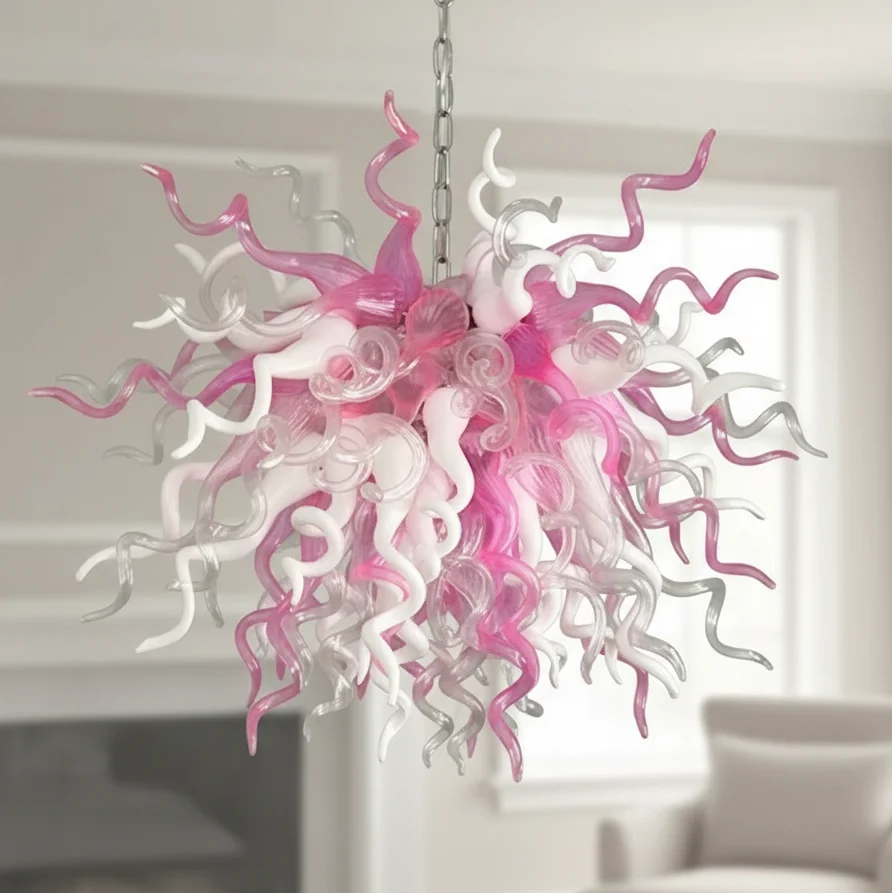 

Longree Pink Glass Chandelier Chihuly Inspired Handmade Blown Glass Light Fixture for Home Bedroom Living Room