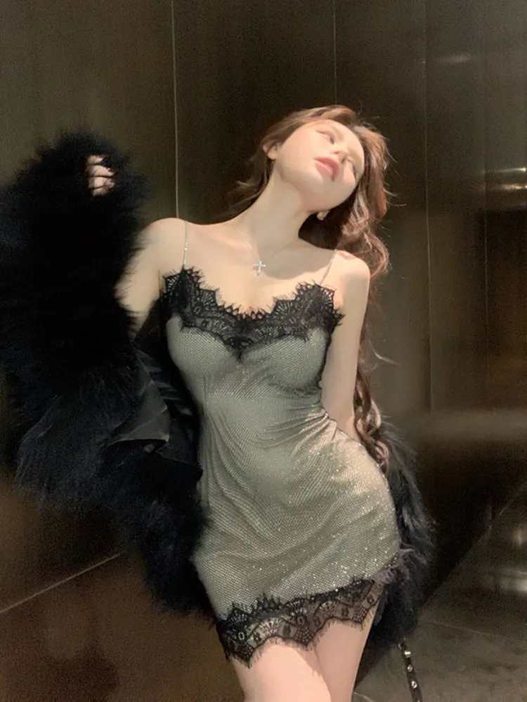 

Pure Desire Sexy Lace Strap Dress Women's Design Sensual Waist-Cinching Bustier Short Skirt Korean Style Commute Dress