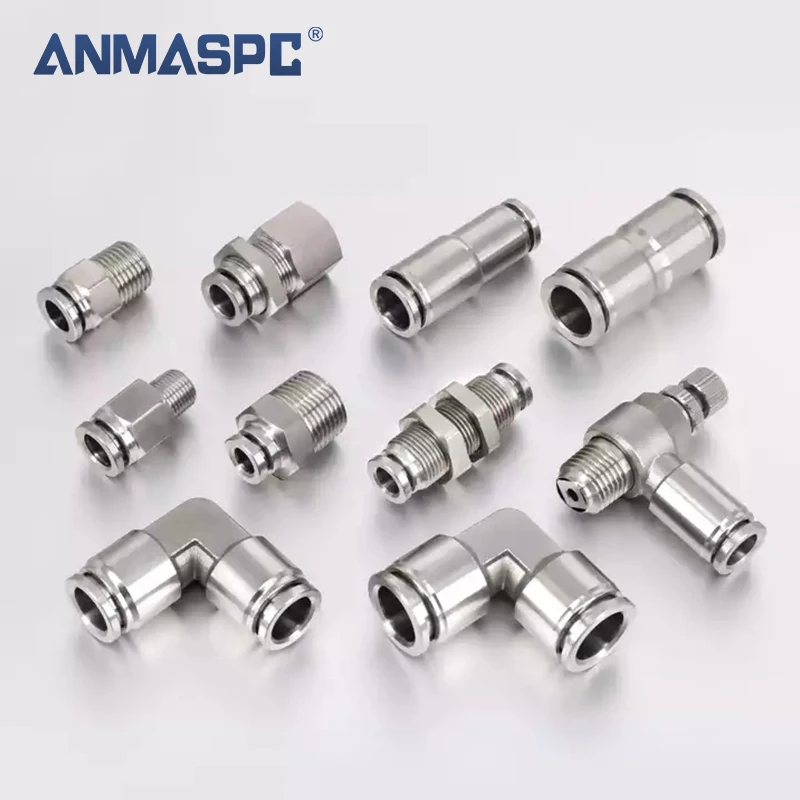 304 Stainless Steel Air Pipe Quick Connector Quick Plug Pneumatic Connector Threaded Straight Elbow T-shaped Tee Connector